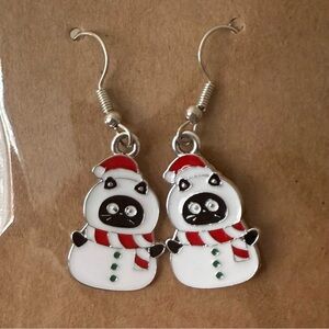 Cat Snowman Fun Festive Holiday Christmas Drop Earrings Black White Red